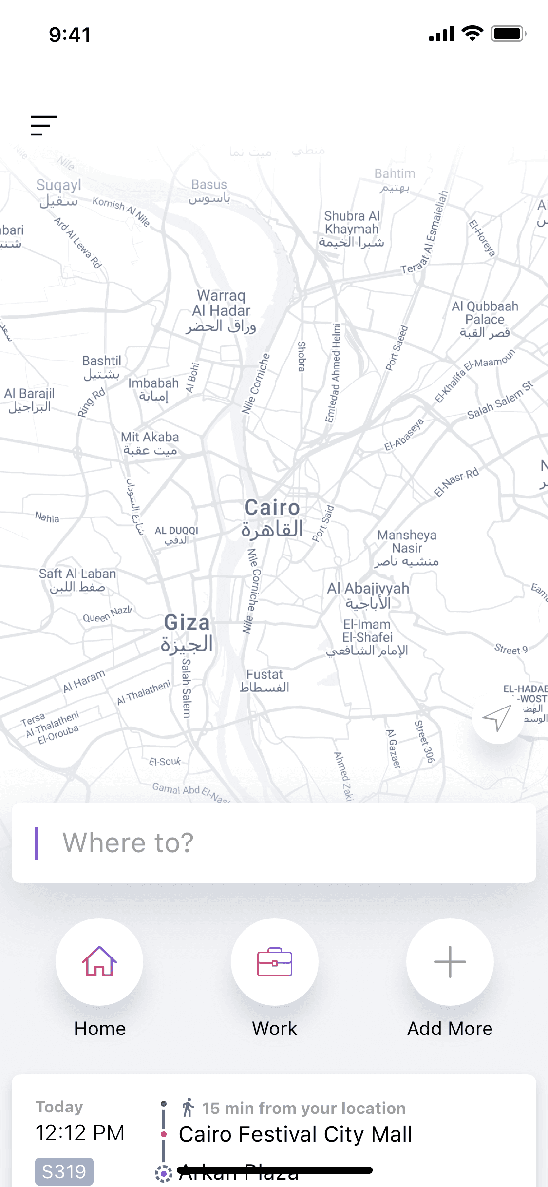 Swvl home screen with a Cairo map and a where-to search bar